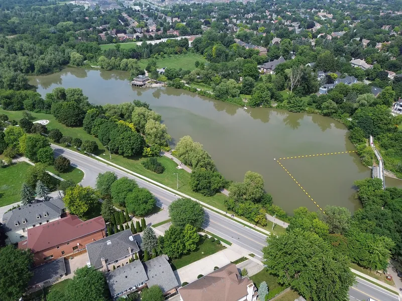 Aerial view of Toogood Pond Park near Main Street Unionville